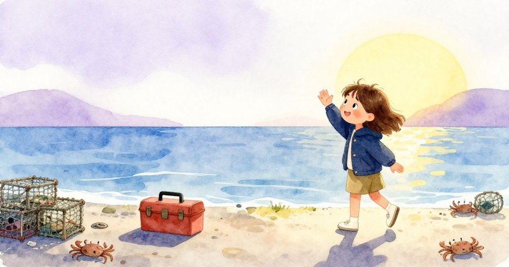 Eve步離甲板邊緣，臉上暖笑揮手告別當天的挑戰，背景有傾斜工具箱和散落螃蟹籠，夕陽余暉映照出平靜港口。