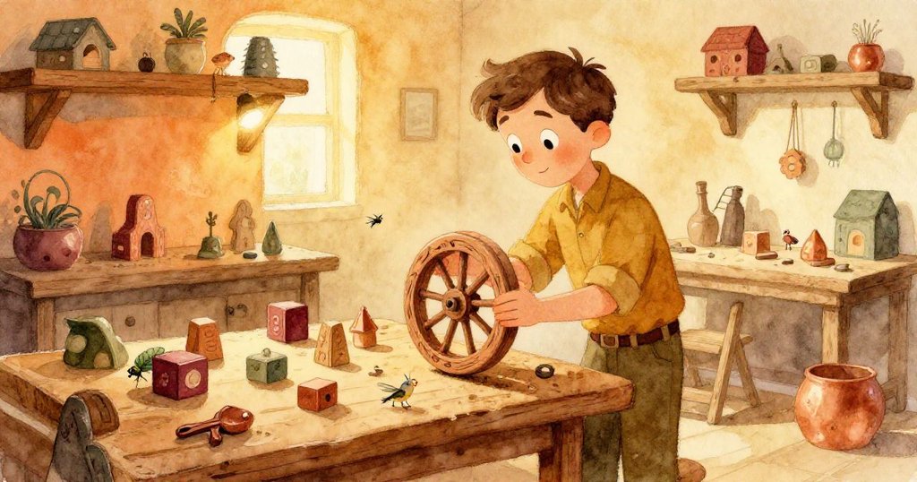 Wade 正在工作臺上小心放置木製輪模型，旁邊散落著迷你積木與小昆蟲，下午陽光溫暖明亮，充滿生氣。