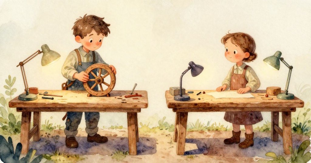 室內工作空間中，陽光透過開啟的窗戶灑下光條，塵埃飛舞，微風輕拂每個角落，營造出柔和夢幻的氛圍。