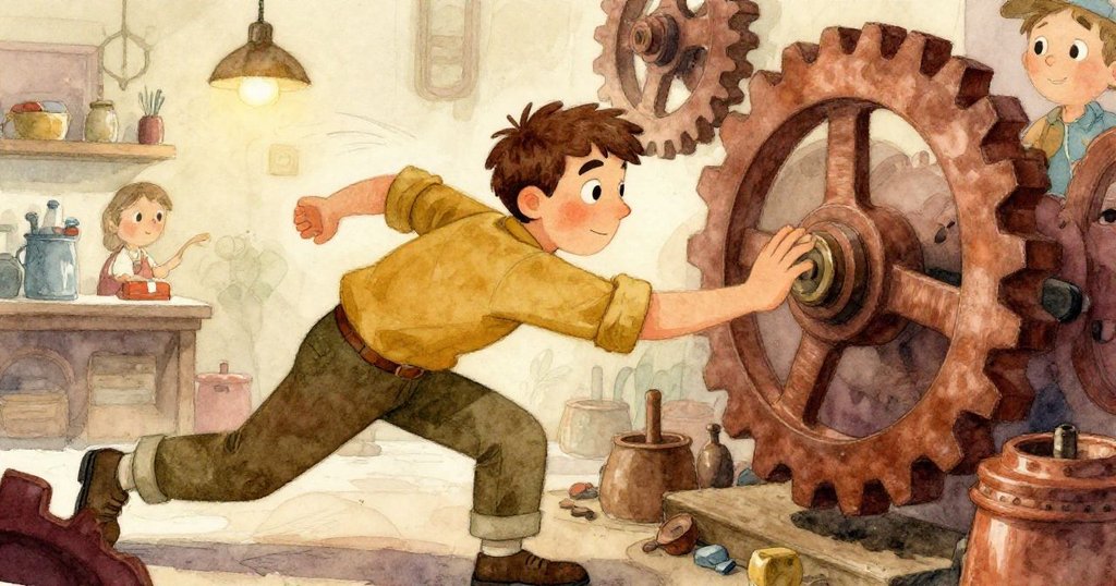 Wade 聚精會神地衝向巨大的旋轉齒輪，用力按住，臉上流露出決心與緊張的情感，場景充滿動感。