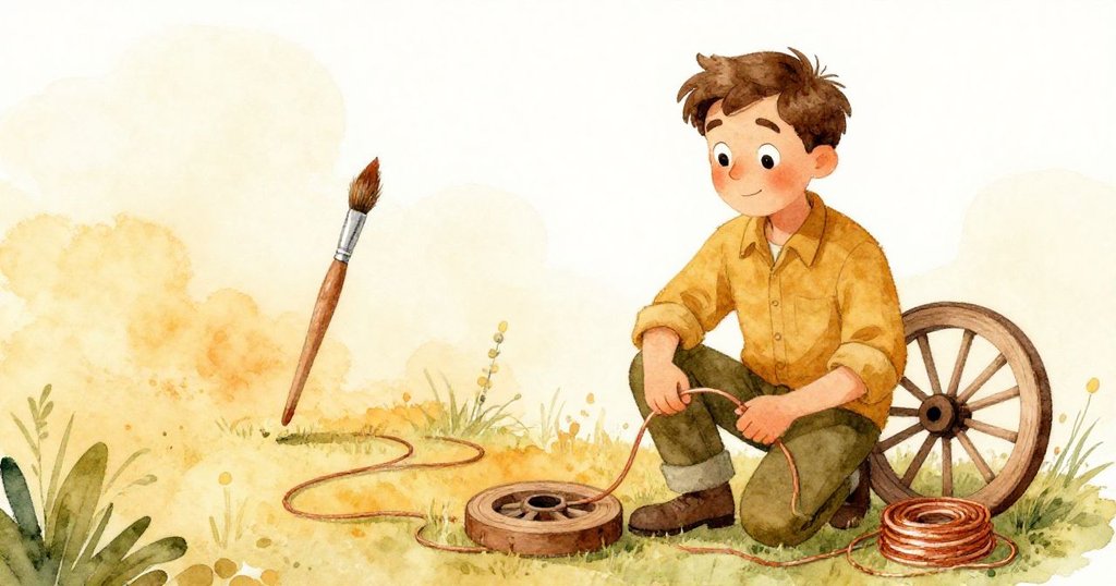 Wade 安靜地將散亂的線纜整齊纏繞，微笑望向前方，工作臺上物品歸位，整個場景洋溢著平靜與新希望。