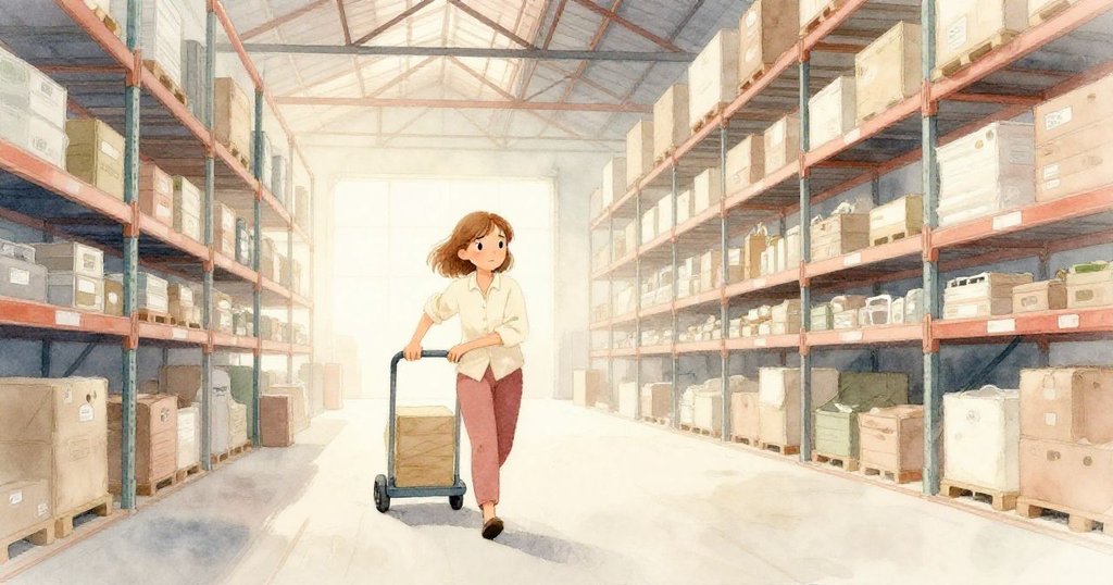 在晨光中，Clara推著細小推車穿過高大貨架，溫暖光影中展現她堅定又忙碌的身影，場景充滿工業風。