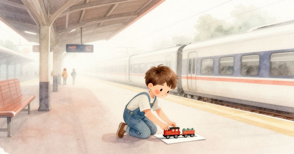 海斯在晨霧中蹲在車站低椅上，小心擺放玩具火車與鏡子，柔和光線映出寧靜而期待的氛圍。