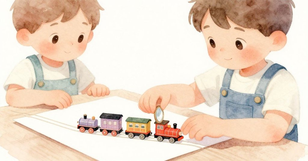 海斯的手細緻擺放玩具火車與鏡子，光線映照物件紋理，展現專注創作與溫柔靜謐的晨間時刻。