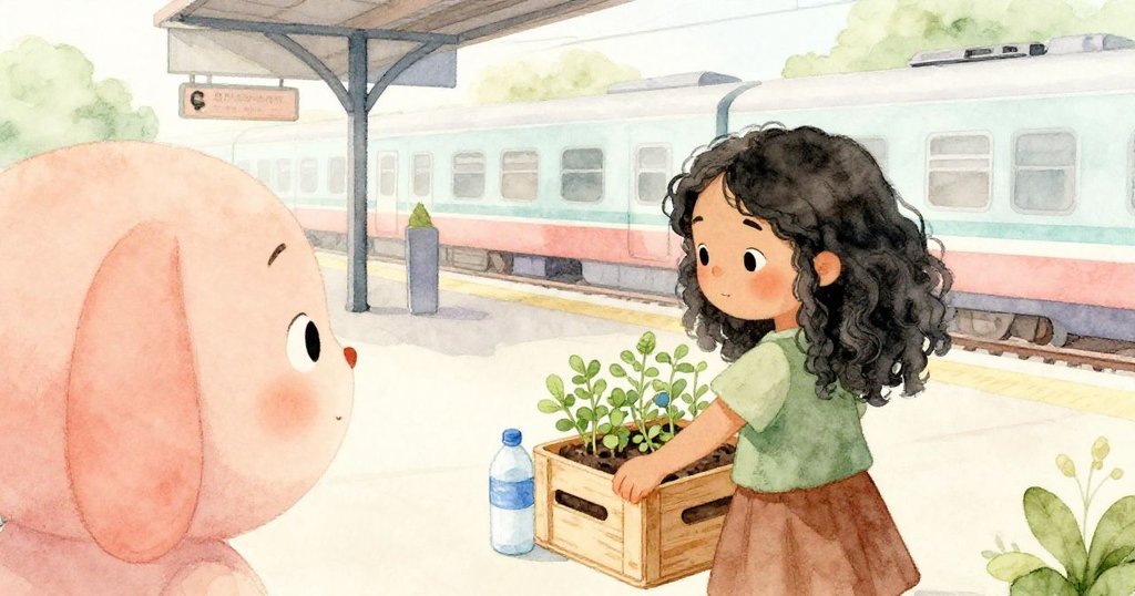 透過小鳥視角，羅莎擁抱著裝有藥草的箱子，溫柔笑容中展現期待與關懷，環境細節豐富而生動。