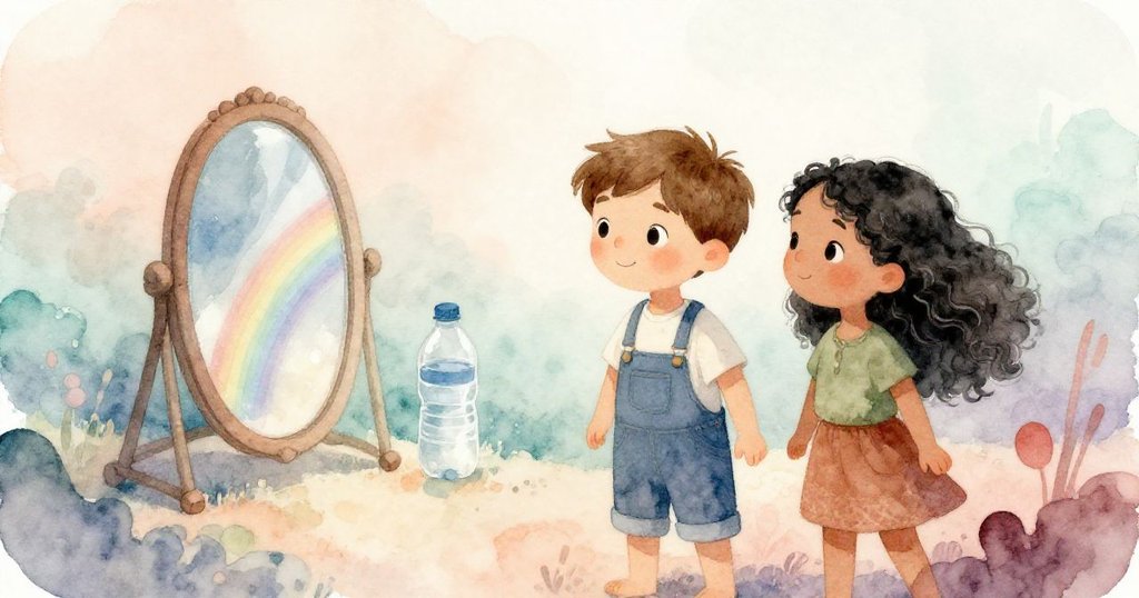 鏡子與水瓶彷彿沉浸於水下，折射出夢幻彩虹光芒，柔和色彩交織，營造出神秘迷離的奇異世界。