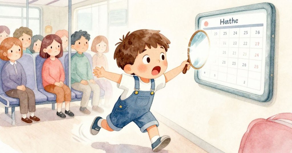 海斯驚慌揮動鏡子，耀眼光芒覆蓋時刻表，周圍旅客流露出困惑神情，場景充滿一刻急促與緊張的變化。