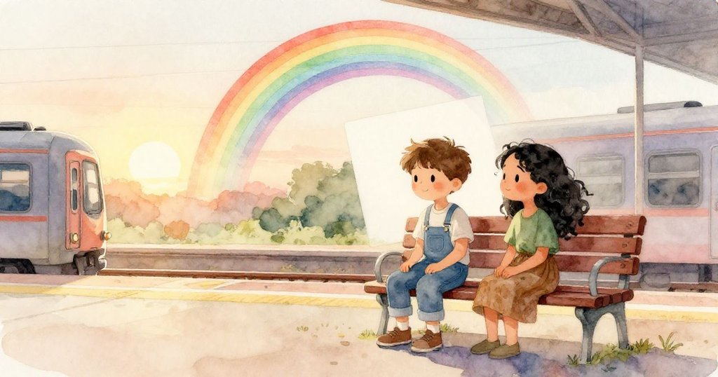 海斯與羅莎在夕陽下靜聚平台，共享彩虹光帶營造的奇妙瞬間，溫暖光芒映襯出柔和愉悅的結局。