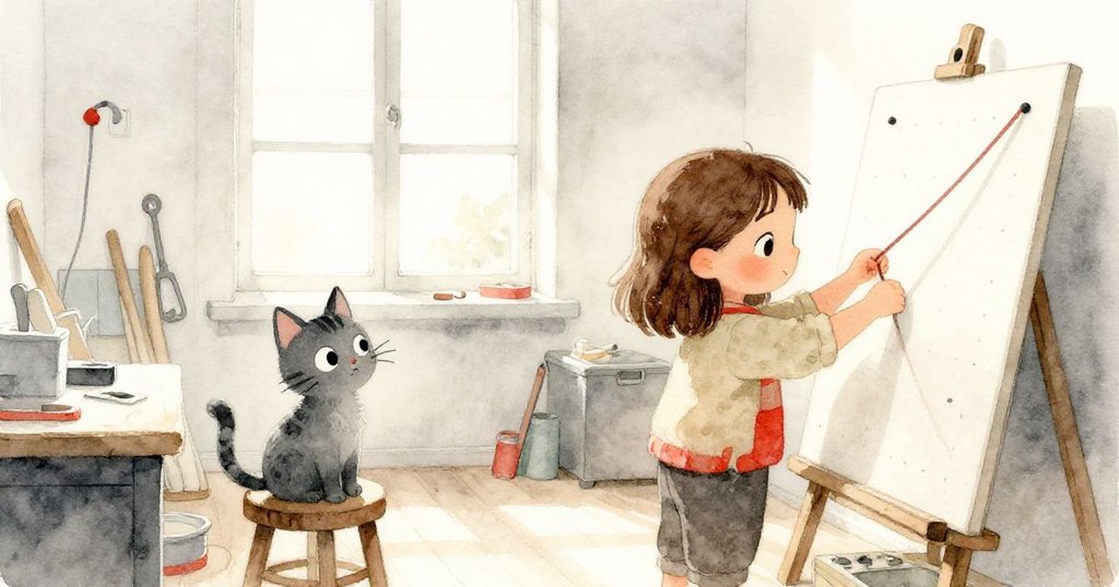 Kira拉扯橡皮筋於工房中，灰貓靜靜守望，窗外陽光柔和灑進室內，氣氛平靜而充滿期待。