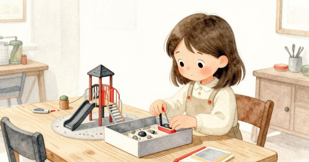 Kira專注打開裝有微型遊戲模型的小盒子，細緻光影映照工房內景，展現探索與驚奇的氛圍。