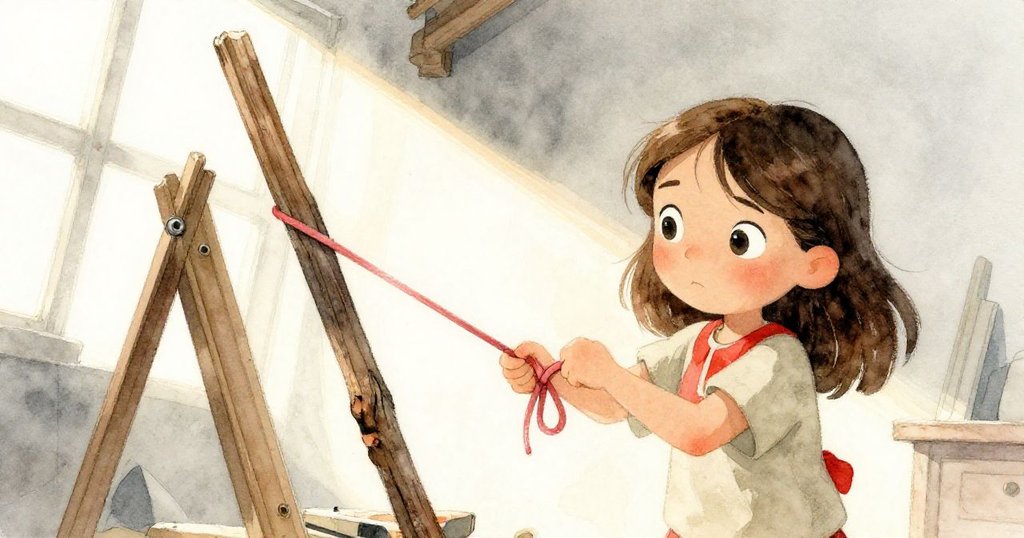 低角度仰視Kira，她正用力綁緊閃亮的橡皮筋於歪斜木棒上，臉上充滿堅定與專注，動作果敢。