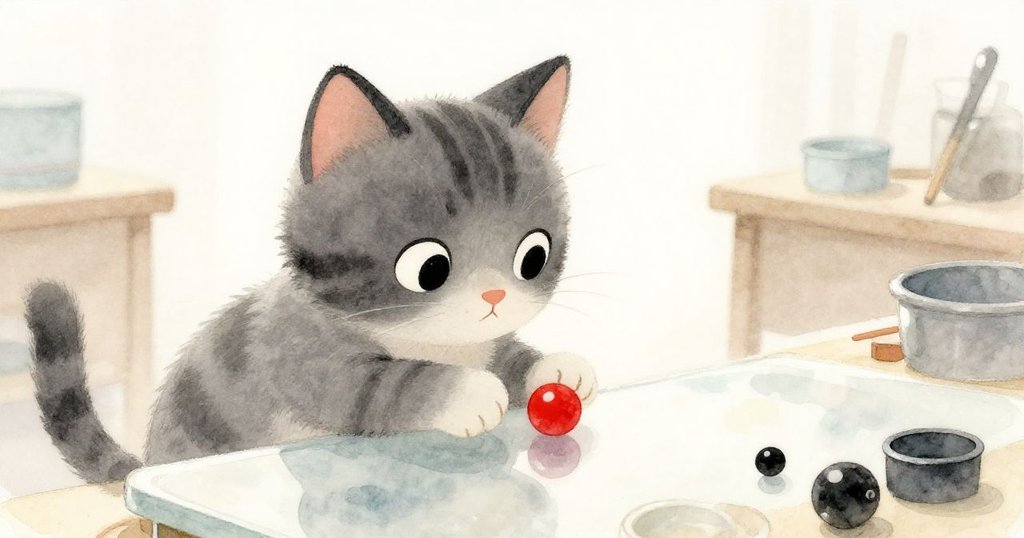 透過半透明的工作桌面，灰貓輕觸滾動明亮珠子，光線迷離似水下世界，展現奇幻與探索的瞬間。