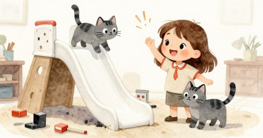 Kira與灰貓歡慶成功，微笑洋溢，周圍散落微型遊戲模型與滑梯，營造出充滿創意與喜悅的工房場景。