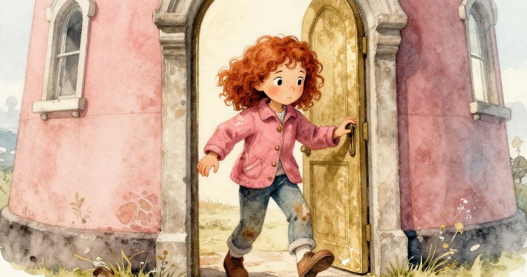 艾薇推開古舊燈塔大門，手上鹽粒閃耀，門外溫暖光線灑落，展現冒險開端的好奇與決心