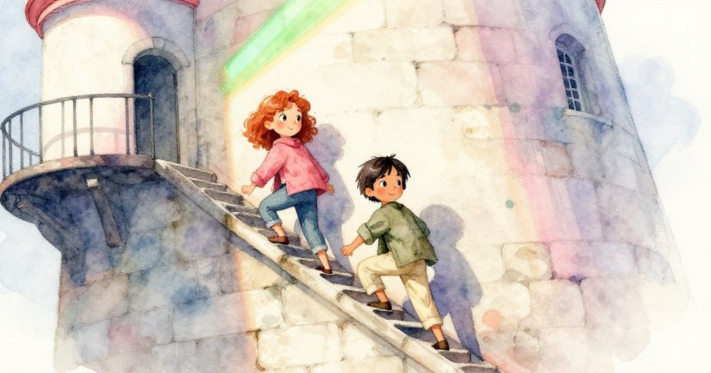 艾薇與科爾攀爬狹窄樓梯，斜拍角度展現石牆上綠紫光線交錯，充滿探索與驚奇氣氛