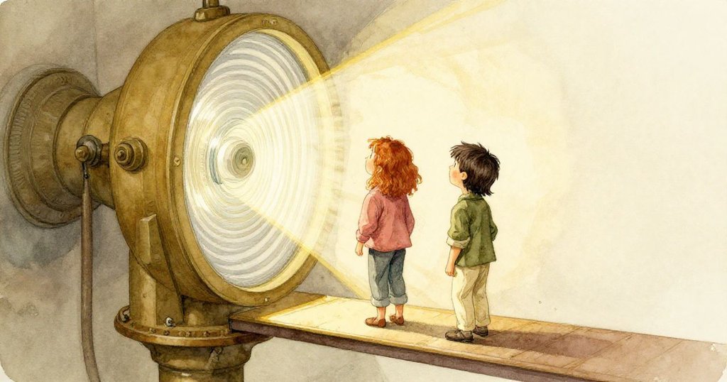 艾薇與科爾站於燈室平台，日光透過旋轉透鏡投下光環，場景光影交錯中透露出驚奇與小心