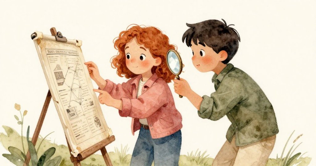 艾薇與科爾圍攏古舊畫布，科爾用口袋鏡照射隱藏字母，雙眸閃耀好奇與專注情感