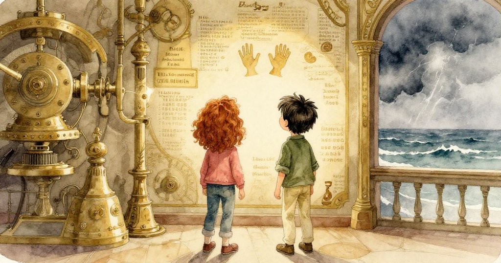 艾薇與科爾後退觀察刻有設計師名字與手印輪廓，背景浪濤洶湧展現冒險後團結與勝利的情懷