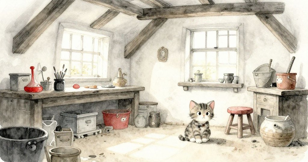 小貓Kitty在光線斑駁的工作坊中蹲伏於矮凳旁，牆上留有工具痕跡，神情專注展現冒險起始