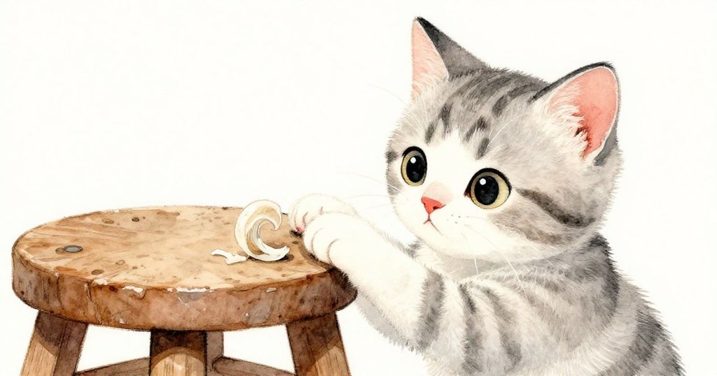 小貓Kitty伸出虎斑毛的前爪輕觸椅凳上捲曲的木屑，近距離展現精緻木紋與柔和光澤