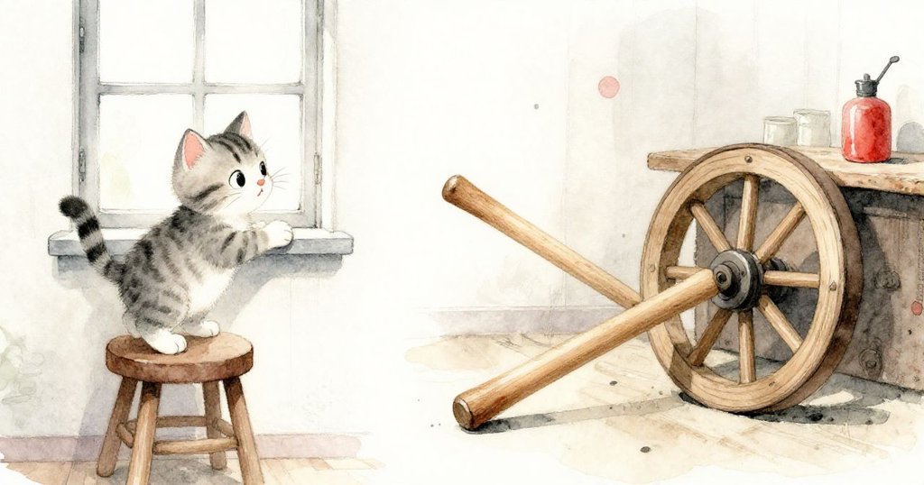 小貓Kitty一邊努力攀爬椅凳追向高窗，另一邊木條緩緩滾動撞擊木輪，分畫面展現連續動作與因果關係