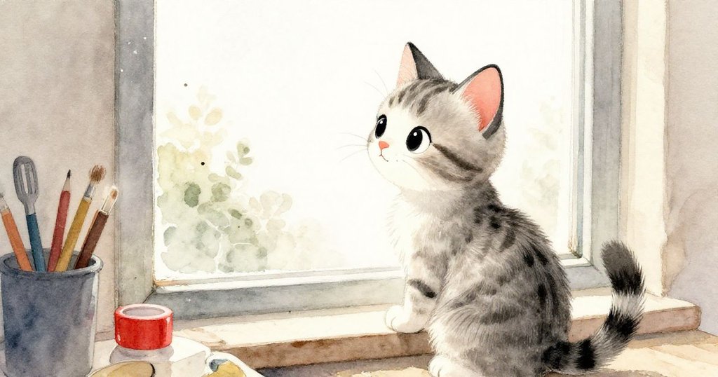 小貓Kitty達到窗邊，凝視窗外柔和光線與飄落塵埃，室內溫暖與外界清新交融展現靜謐感