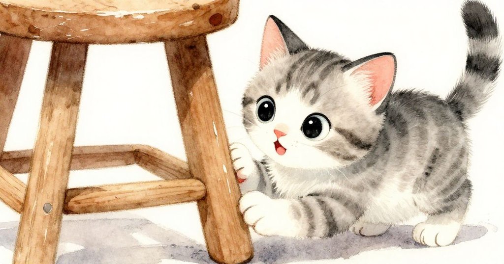 小貓Kitty滿懷喜悅仔細檢視椅凳上新留的刮痕，臉上流露出探索冒險的興奮與驚奇