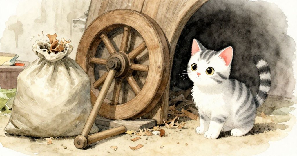 小貓Kitty在陰影中靜觀場景，垃圾袋、木輪與滾動木條象徵著冒險過程中的微妙挑戰與堅持