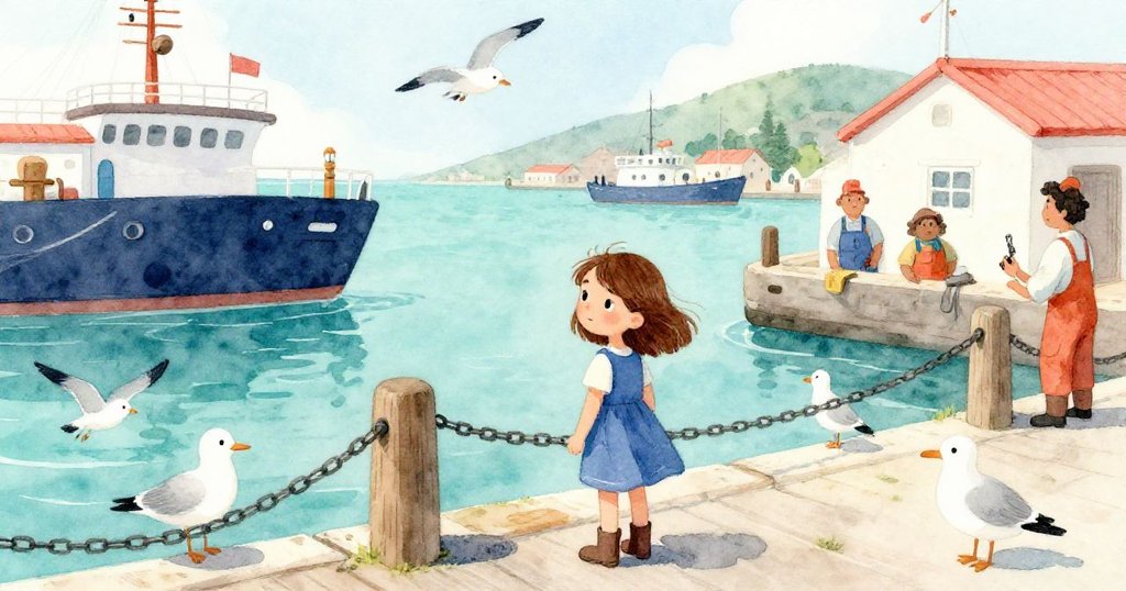 Mabel在熱鬧海港碼頭上與海鷗和工人互動，開始製作鏈上蠟珠，充滿好奇與期待。
