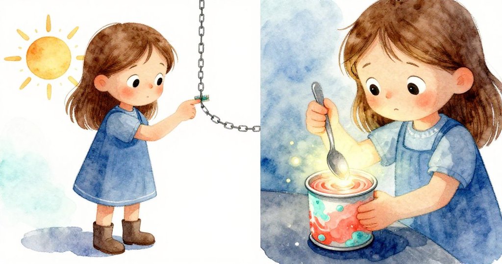 Mabel分屏展示動作，一邊輕觸太陽暖鏈條，一邊小心舀取發光蠟液，展現細膩互動與海港背景。