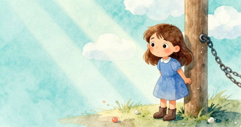 Mabel在光影交錯的海港停步欣賞，太陽光穿透雲層照耀濕潤木柱與鏈條，充滿柔和夢幻感。