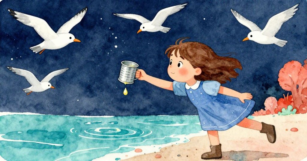 Mabel動感伸手舀取最後一滴蠟液，活力四射，水面反光繽紛，海鷗在上空歡快盤旋。