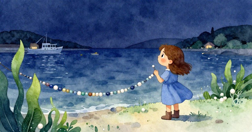 Mabel滿足地欣賞完成的蠟珠鏈條，海港黃昏寧靜，水面微光流轉，整體畫面祥和美麗。