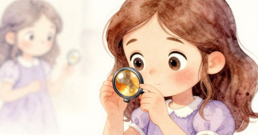 Nell眼神特寫，正注視著斜放的琥珀鏡頭，專注與好奇流露在眼中，背景隱約顯示出碼頭與燈籠的輪廓。