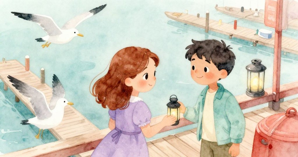 從海鷗視角看，Nell與Jasper在繁忙的碼頭上忙著調整燈籠，水面反射著明亮光點，整體場景生動且充滿動感。