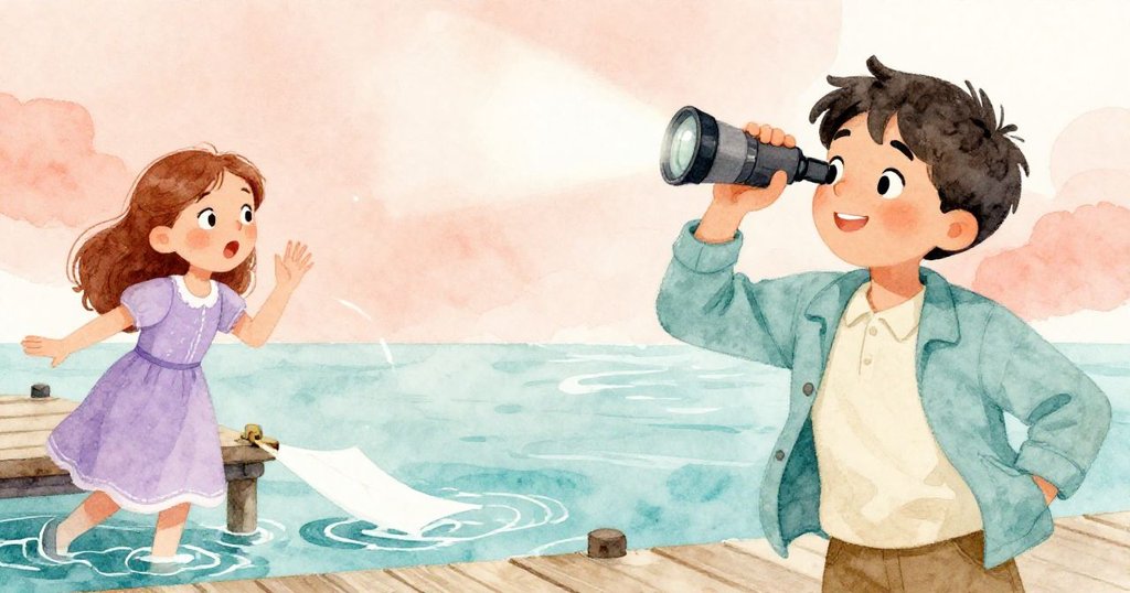 Jasper在碼頭上側身迅速移動，調整鏡頭擋住突如其來的光芒，Nell驚訝間動作迅捷，漂浮的地圖增添緊張與活力。