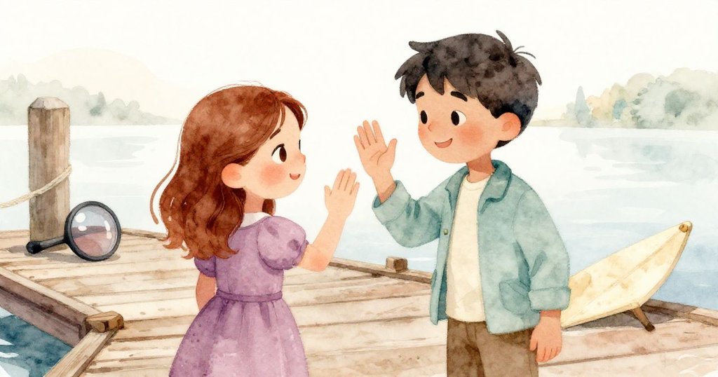 在陽光逐漸抬高的碼頭上，Nell與Jasper互致溫馨告別，長影映襯著摺疊的網，鏡頭與地圖靜靜躺旁，滿載回憶與離愁。