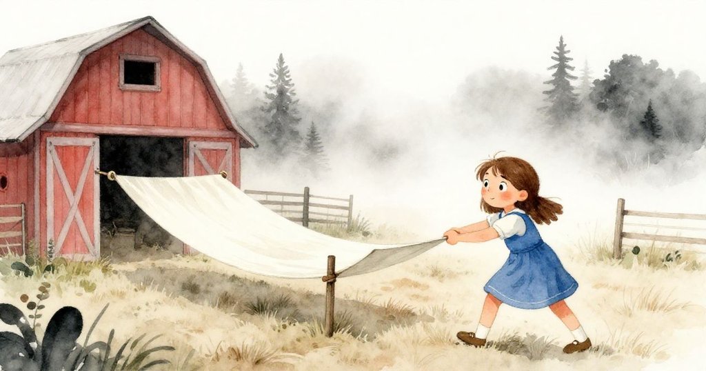 June在晨霧中拉動大橡膠布至圍欄旁，穀倉背景充滿溫暖光線，臉上流露期待與專注。