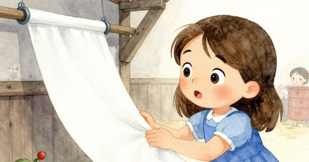 June特寫眼神透露驚奇與專注，背景隱約顯示穀倉邊的橡膠布與柔和晨光。