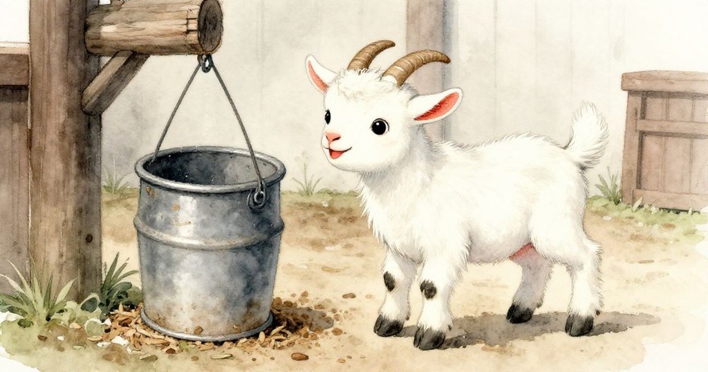 小山羊好奇探索掛在破舊飼料桶上的彈簧，穀倉背景溫暖柔和，眼神充滿活力。