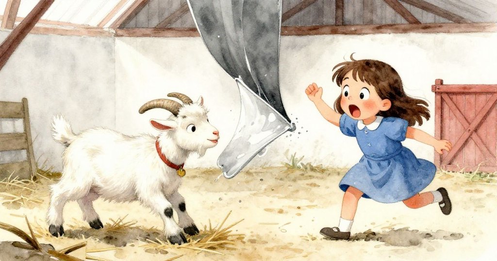 小山羊輕撞彈簧引發橡膠布猛動，June驚呼出聲，穀倉內飄散稻草，氣氛緊張又生動。