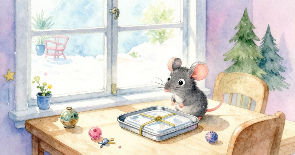 小老鼠Milo在明亮庭院背景的窗邊工作桌上探險，桌上擺有透明覆蓋物及彩色小飾品，神情充滿好奇與期待。