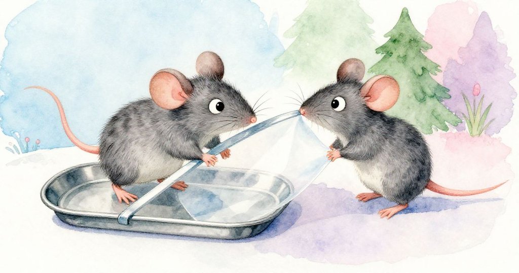 小老鼠Milo從傾斜角度爬上淺盤邊緣，用前爪按壓透明覆蓋物，橡皮筋淘氣拂過鼻尖，展現動感驚喜。