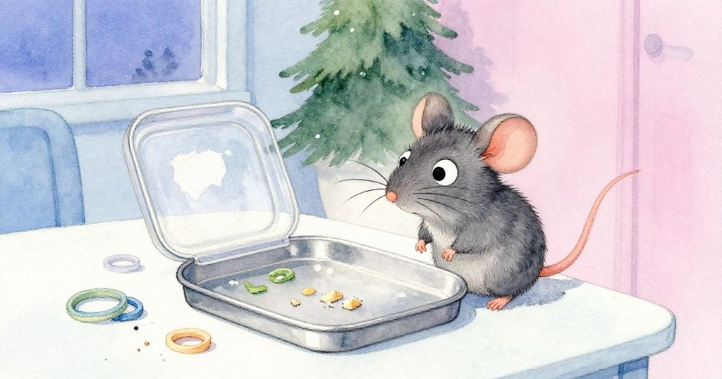 黃昏時，小老鼠Milo站在柔和光線中，旁邊桌上透明覆蓋物略顯凌亂，橡皮筋與泡綿碎屑散落，呈現溫馨沉思情境。