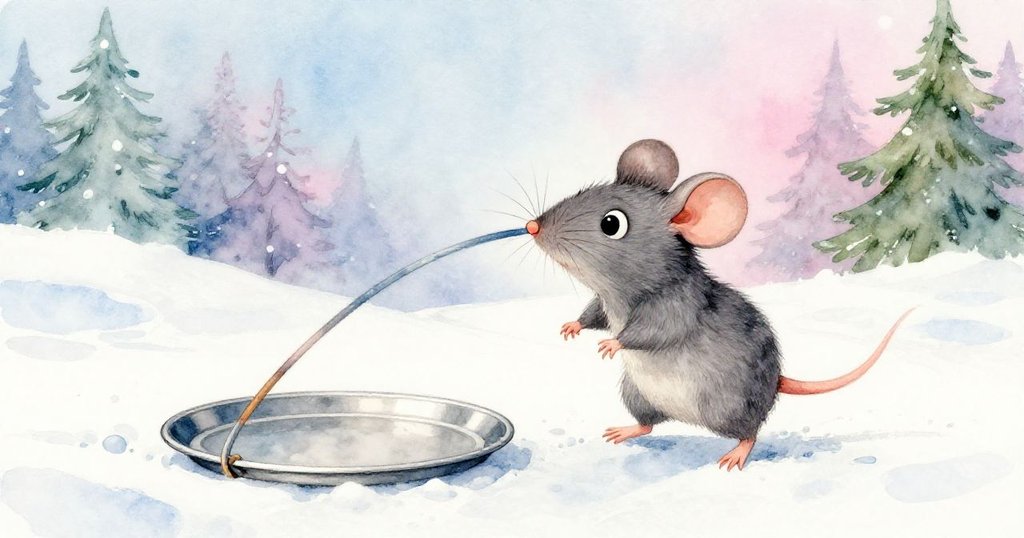 小老鼠Milo奮力用牙夾住橡皮筋試圖移動，但橡皮筋迅速甩向其鼻尖，驚訝與頑皮情緒交織。