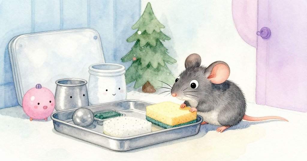 夜幕低垂，小老鼠Milo安坐於整齊工作桌旁，桌上橡皮筋與泡綿物品井然有序，透露出平靜與滿足的氛圍。