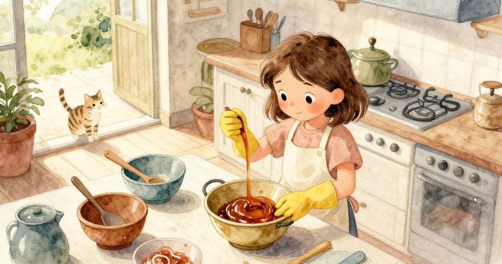 塔拉在溫馨廚房裡製作糖果，從上方俯視看到桌上琥珀絲帶與混合碗，貓咪靜臥露台，情緒專注