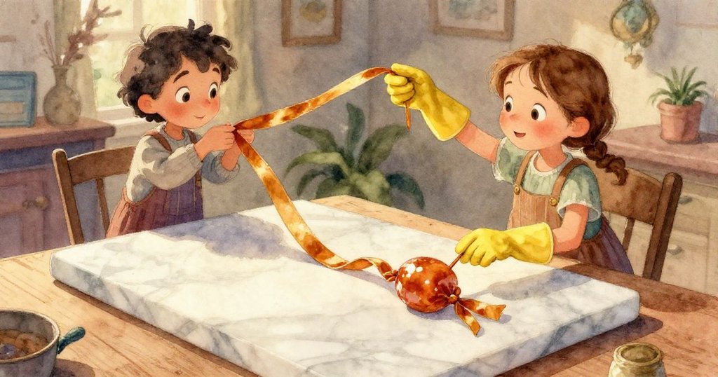 塔拉穿著手套在大理石板上輕拉琥珀絲帶，近距展示糖果光澤與細膩質感，氛圍專注細膩