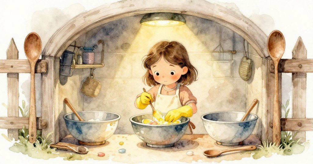 在靜謐角落中，塔拉檢查糖果，三個混合碗與木勺圍成陣列，溫柔燈光營造隱秘家居感覺