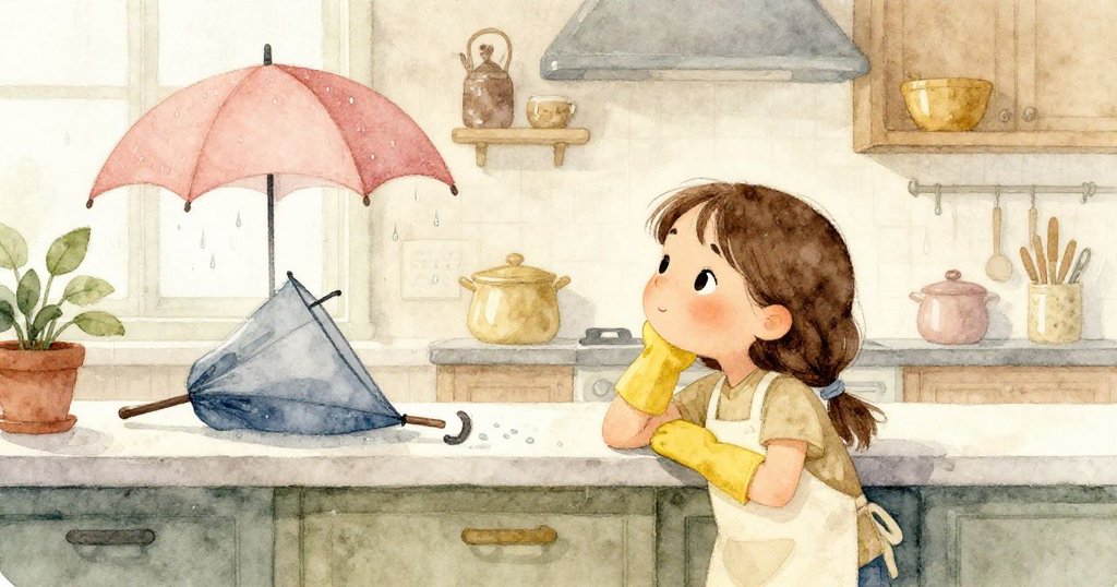 塔拉在廚房櫃檯上靜坐休憩，凝望雨滴打在翻倒傘上，心中感受平靜與完成感